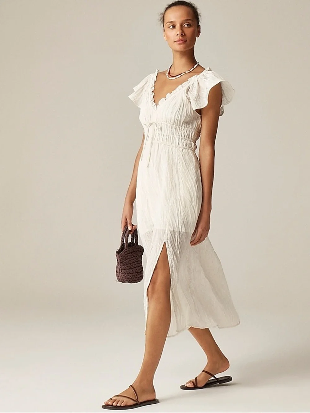 J.Crew crinkle soft flowy dainty doen Cream V-Neck Ruffled Dress romantic slit